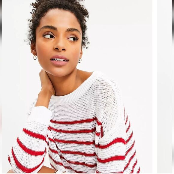 LOFT Striped Knit Sweater in Red & White Size M - Picture 3 of 13